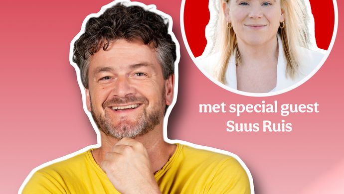 Kasper van Kooten met Suus Ruis voor roze achtergrond