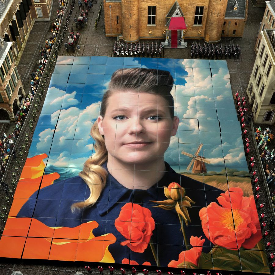 Kiki Schippers omringd door oude gebouwen