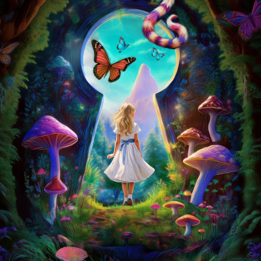 Alice loopt door het sleutelgat richting Wonderland