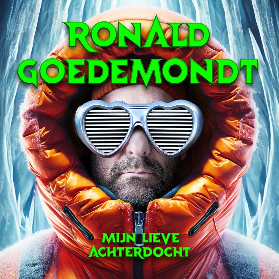 Ronald Goedemondt in een hele dikke winterjas met een hartjes zonnebril op. In groen staat groot zijn naam