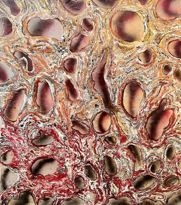 schilderij van Paul Smulders beige en rode structuren