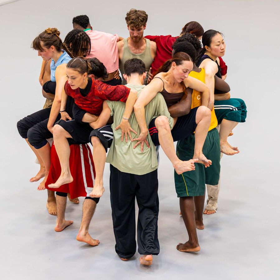 de dansers in een cirkel staand en enkele opgetild