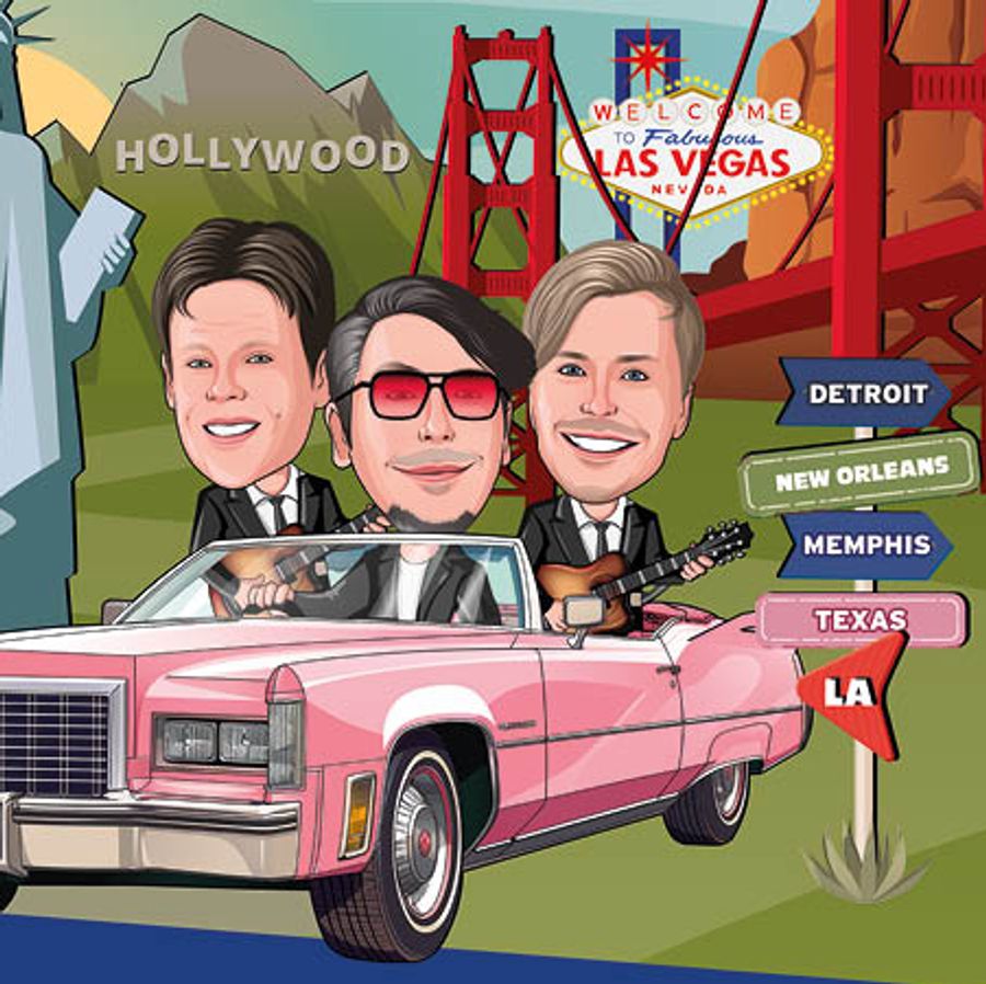 Illustratie van de 3J's in een roze cadillac in Amerika met het vrijheidsbeeld en de golden gate bridge