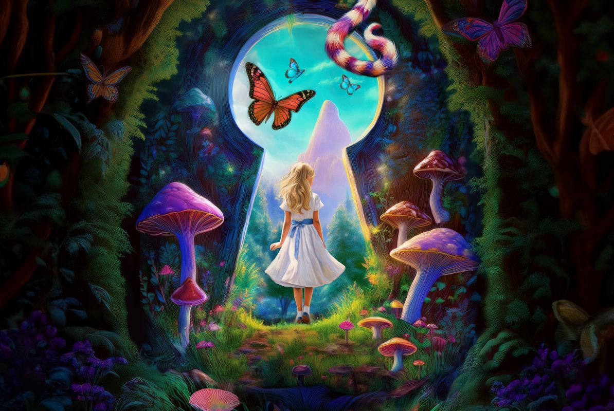 Alice loopt door het sleutelgat richting Wonderland