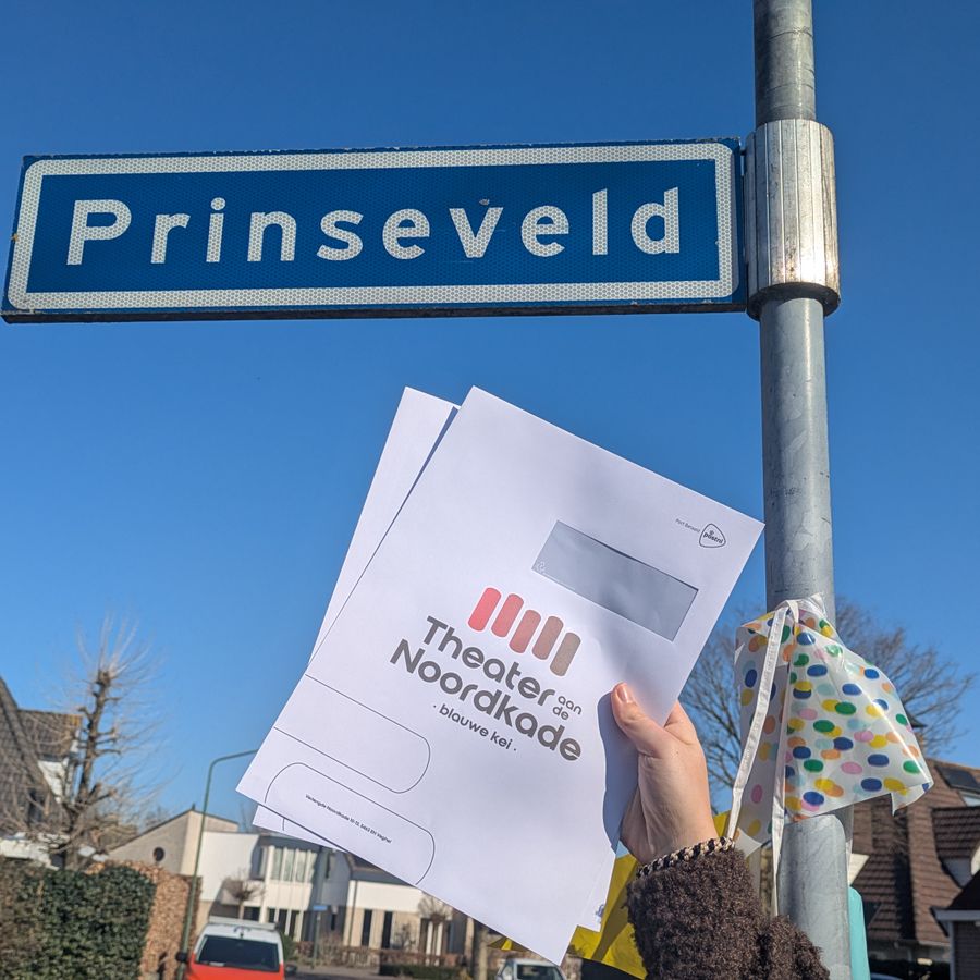Straatnaambord Prinseveld met enveloppen Blauwe Kei ervoor